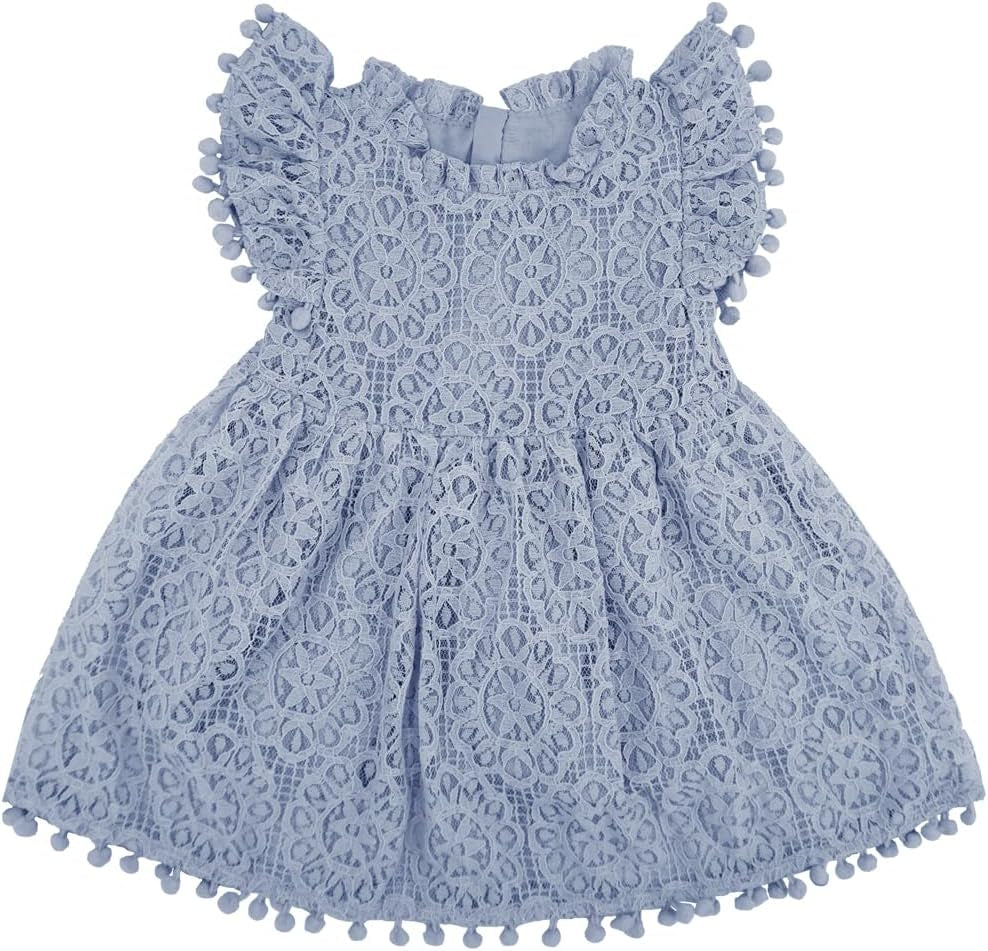Baby Girl Tutu Dress Elegant Lace Pom Pom Flutter Sleeve with Flower Headband Set