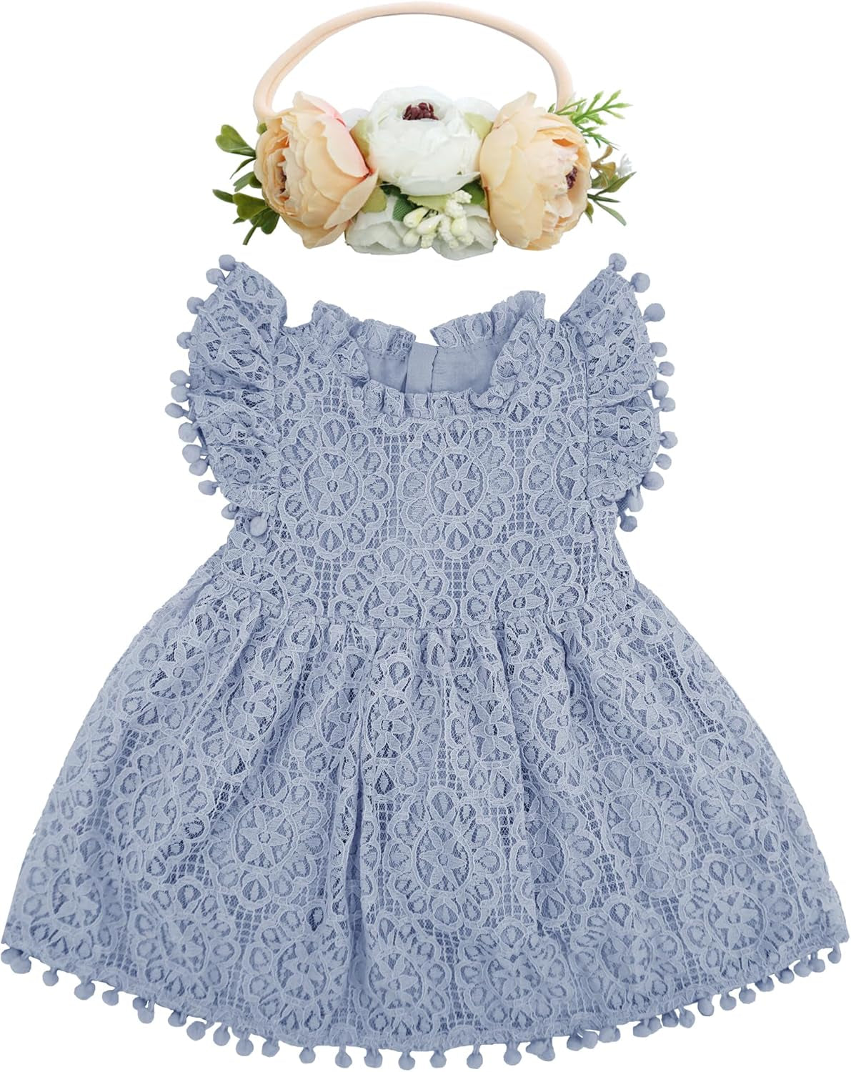 Baby Girl Tutu Dress Elegant Lace Pom Pom Flutter Sleeve with Flower Headband Set
