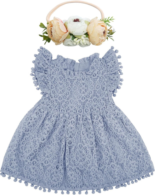 Baby Girl Tutu Dress Elegant Lace Pom Pom Flutter Sleeve with Flower Headband Set
